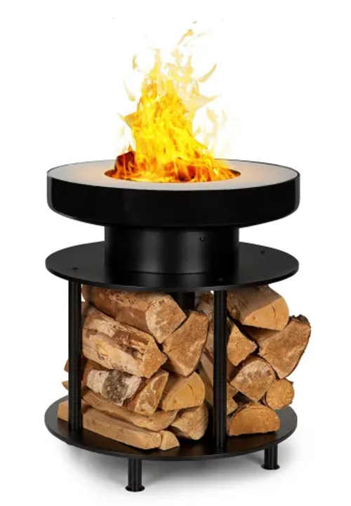 Dekorativní kovové ohniště s úložným prostorem na dřevo